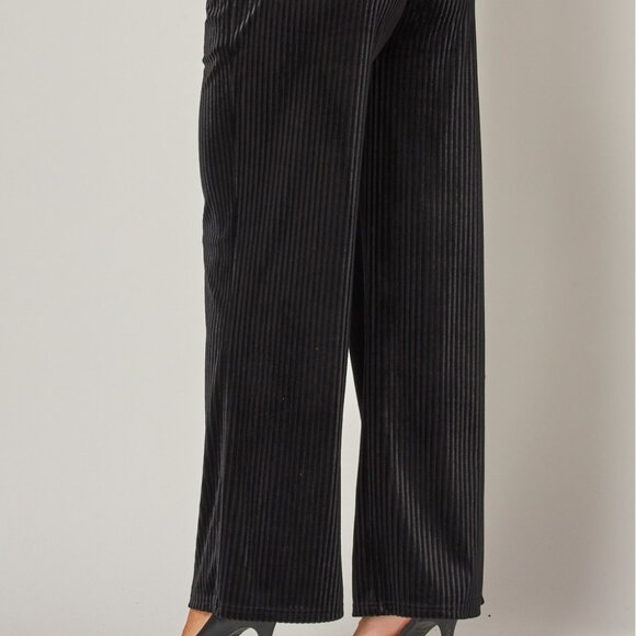 Black Ribbed Velvet High Waist Wide leg Pants - Picture 4 of 6